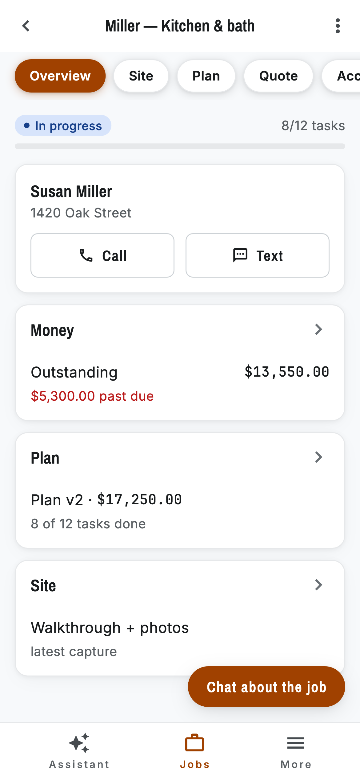 RuggedPro Job Hub for Miller’s Kitchen and bath, with task progress, client details, money, plan, and site notes together.